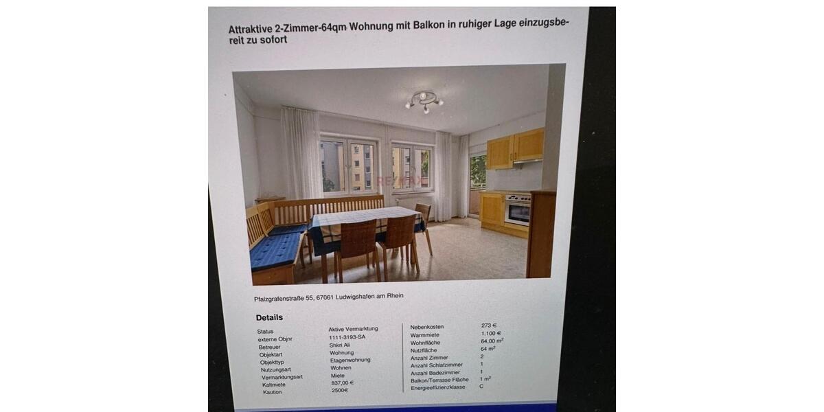 Etagenwohnung Ludwigshafen am Rhein Parkinsel - 2 Zimmer, 64 m&sup2;, 837&euro; | Angebot:26223762