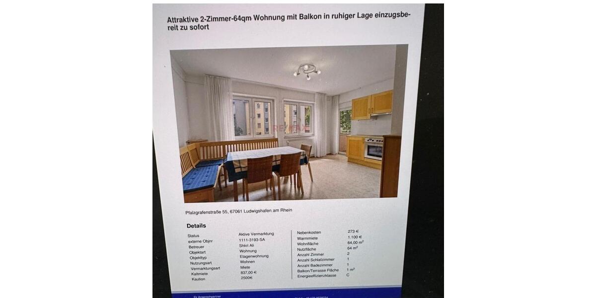 Etagenwohnung Ludwigshafen am Rhein Parkinsel - 2 Zimmer, 64 m&sup2;, 837&euro; | Angebot:26223762
