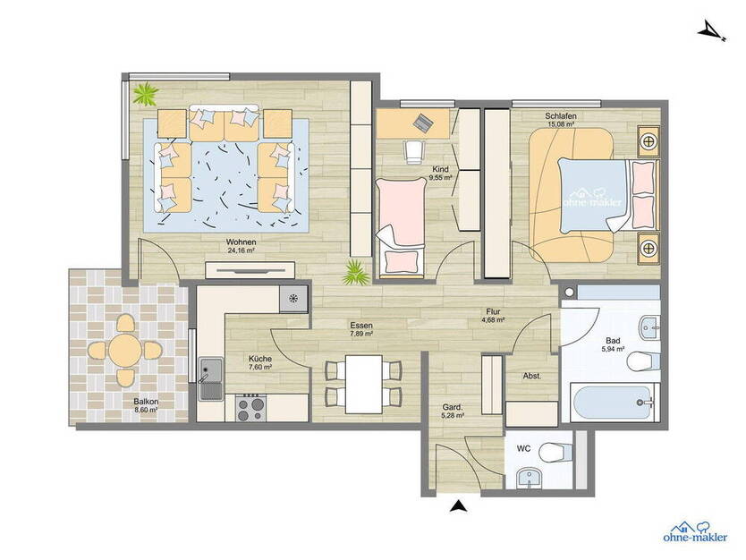 Schöne, helle - unvermietete - 3,5 Zimmerwohnung (87,5 qm) mit Südbalkon