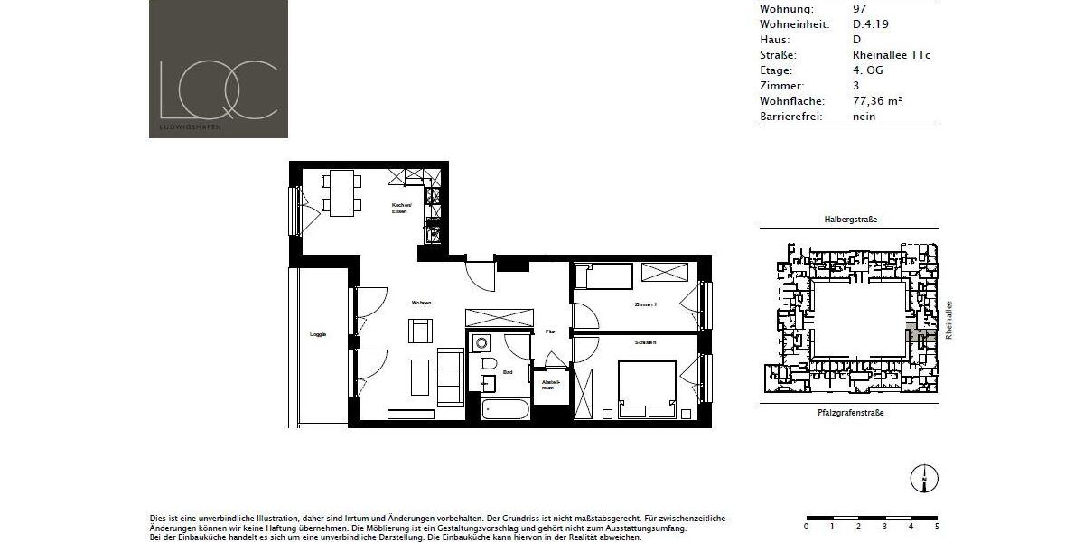Etagenwohnung Ludwigshafen am Rhein Parkinsel - 3 Zimmer, 77 m&sup2;, 1.070&euro; | Angebot:22716240