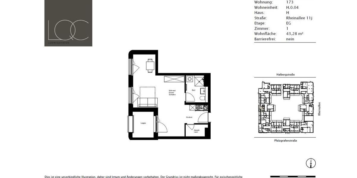 Erdgeschoßwohnung Ludwigshafen am Rhein Parkinsel - 1 Zimmer, 43 m&sup2;, 635&euro; | Angebot:26087481