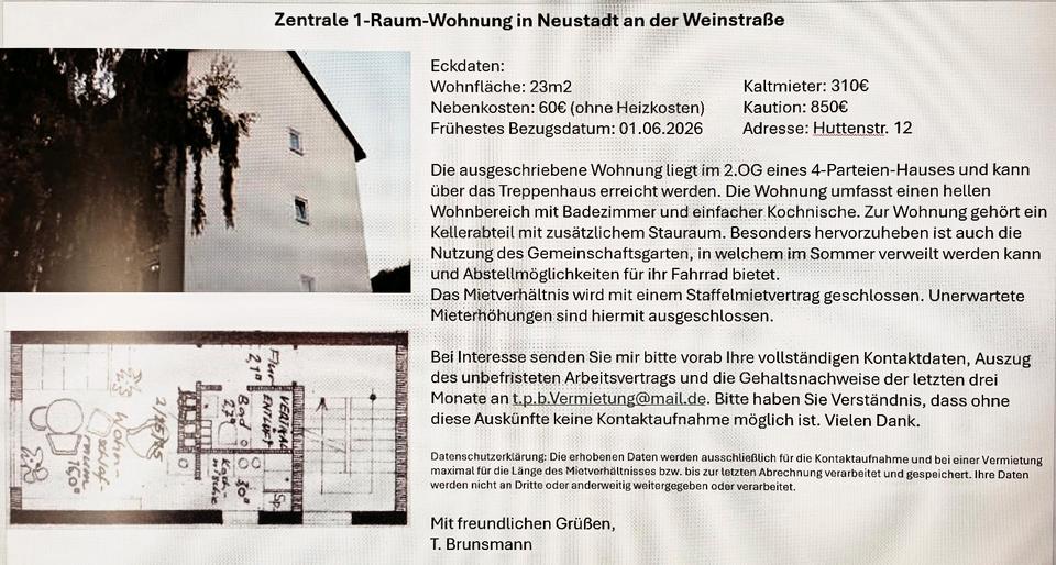 Etagenwohnung Neustadt an der Weinstraße - 1 Zimmer, 23 m&sup2;, 310&euro; | Angebot:25377825