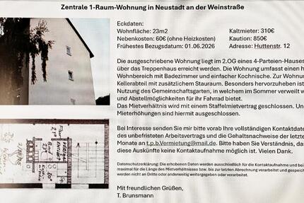 Wohnung Neustadt an der Weinstraße - 1 Zimmer, 23 m&sup2;, 310&euro; | Angebot:25377825